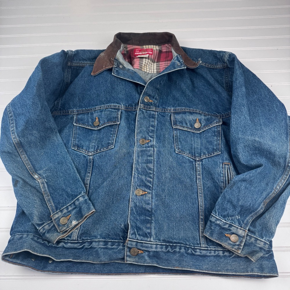 Vintage Marlboro Country Store Denim Jacket XL Trucker Style Leather Collar